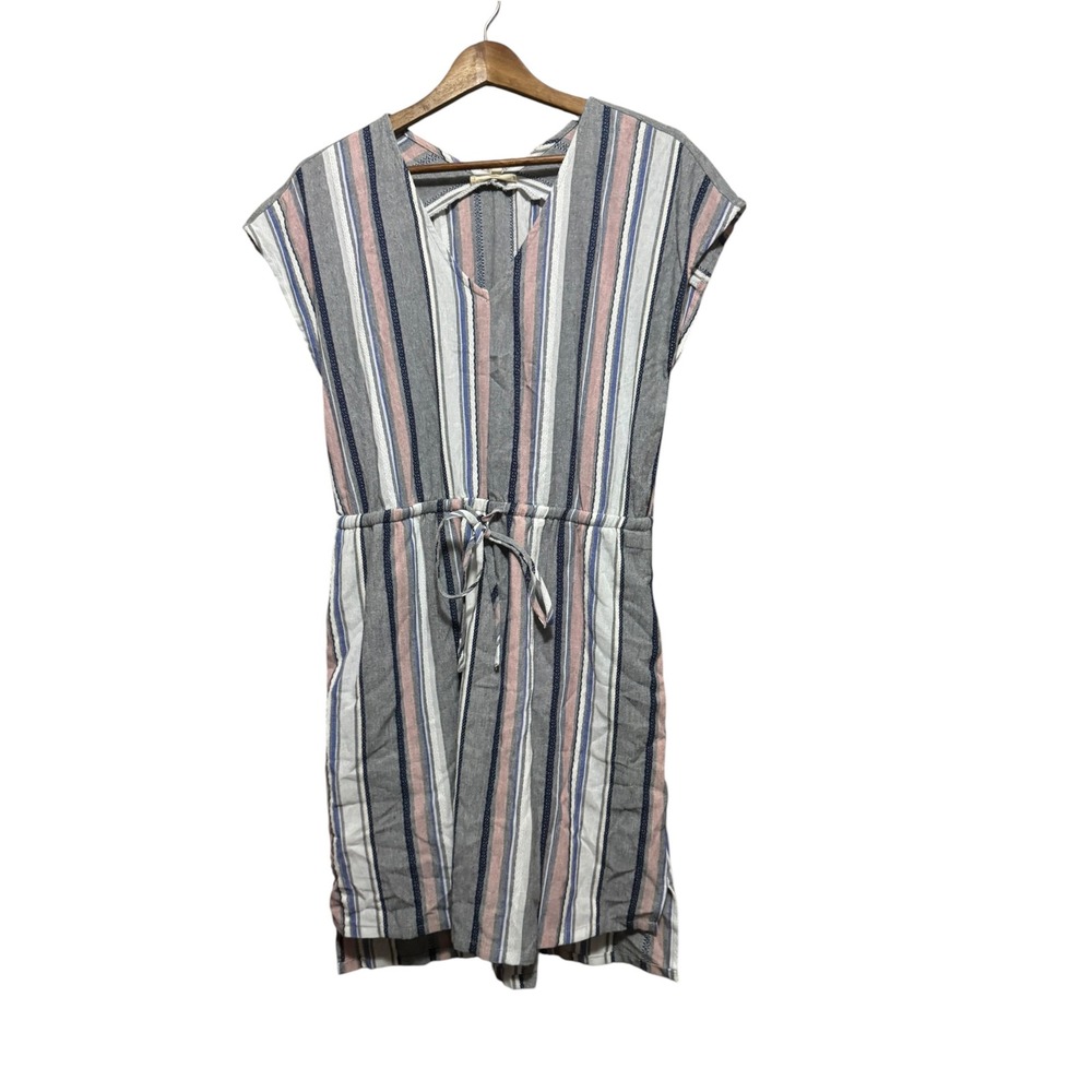 Mystree Romper Women Small Grey Pink Blue Striped Cotton V-Neck Pocket Excellent
